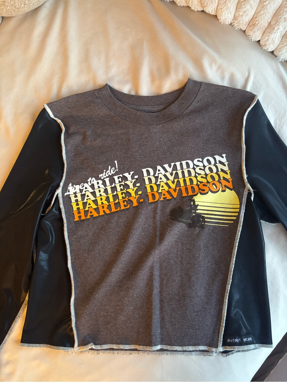 Custom re-worked vintage Harley-Davidson t shirt with leather Long Sleeves